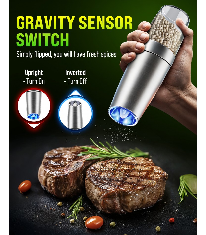 Gravity Electric Pepper and Salt Grinder Set, Salt and Pepper Mill & Adjustable Coarseness, Battery Powered with LED Light, One Hand Automatic Operation, Stainless Steel (Set/Silver)